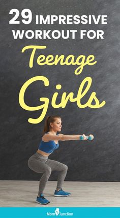 a woman is doing an exercise with the words, 29 impressive workout for teenage girls