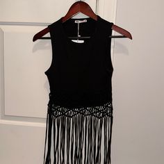 New With Tags Zara Black Tassel Top With Crochet Detail Size Small Black Summer Tops With Tassels, Black Tassel Tops For Summer, Black Tops With Tassels For Night Out, Bohemian Black Tops With Fringe, Black Bohemian Tops With Fringe, Bohemian Fringe Top For Night Out, Sleeveless Black Top With Fringe, Chic Tops With Tassels For Night Out, Chic Tassel Top For Night Out