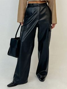 Women's Casual Faux Leather Cargo Pants, Street Style Long Trousers Black Casual   PU Leather Plain Cargo Pants Non-Stretch All Women Clothing, size features are:Bust: ,Length: ,Sleeve Length: Shein Leather Pants, Cargo Pants Street Style, Pants Street Style, Leather Cargo Pants, Straight Sweatpants, Cargo Hose, Khaki Trench Coat, Ribbed Flares, Pant Trends