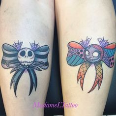 two tattoos on both legs with skulls and bows