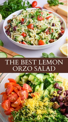 Large bowl of summer and spring side dish lemon orzo pasta salad with cucumbers, tomatoes, olives, lemon and parmesan cheese Easy Orzo Salad, Orzo Salad With Feta, Easy Orzo, Orzo Salat, Lemon Orzo Salad, Orzo Salad Recipes, Lemon Salad, Mediterranean Flavors, Lemon Orzo