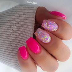 Neon Pink Nails, Purple Glitter Nails, Confetti Nails, Milky Nails, Hot Pink Nails, Glow Nails, Nail Art Wedding, Girls Nails, Dipped Nails