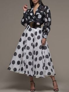 Rok Midi, Dots Outfit, Sandal Tali, White Polka Dot Skirt, Dots Fashion, Polka Dots Outfit, Polka Dots Fashion, Elegant Skirt, Polka Dot Skirt