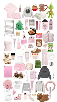 a collage of pink and white items