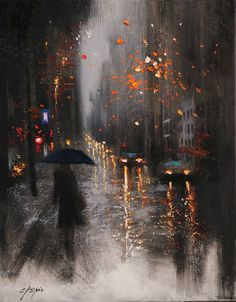 a painting of people walking in the rain with umbrellas on a city street at night