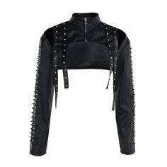 Indulge in alternative aesthetics with our Gothic Punk Leather Rivet Shrug Jacket. Featuring cut-out shoulder details and a bold crop length, this jacket adds a touch of edginess. The zipper front and rivet detailing exude a rebellious vibe, while the black PU leather delivers a sleek, fierce look. Perfect for gothic, punk, and rock styles, this piece is a must-have for your edgy wardrobe. Cut-out shoulder details Crop length for an edgy look Zipper front closure Rivet detailing for rebellious style Black PU leather for a sleek finish Edgy Wardrobe, Hollow Out Top, Punk Clothes, Shrug Jacket, Elegant Halloween, Leather Rivets, Skirt Suit Set, Accessories Bags Shoes, Slim Fit Jackets