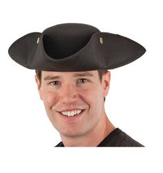 This soft black felt tricorn hat with snaps (for easier shipment and storage) is perfect for Colonial, American Revolution (Alexander Hamilton, George Washington), Minutemen, Pirates and more. One size fits most adults and larger teens. Other historical and pirate costumes and accessories are sold separately on our page – subject to availability. This is a very nice hat for the price. Black Pirate Costume Hat With Curved Brim, Adjustable Black Pirate Costume Hat, Black Adjustable Pirate Hat, Adjustable Black Pirate Hat, Hamilton George Washington, Pirate Costume Accessories, Tricorn Hat, Historical Reenactment, Black Costume