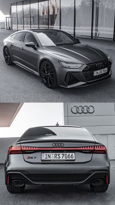 the front and back view of an audi car in two different views, one is grey