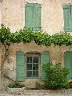 an old building with green shutters and plants growing on the outside wall, in front of it