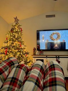 a living room with a christmas tree in the corner and a flat screen tv on