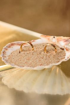 two wedding rings are placed in a shell