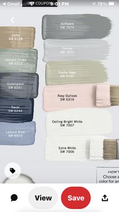 the paint colors are all different from white to gray, and each color is labeled with their own name