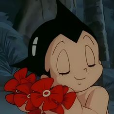 a cartoon character holding red flowers in his hand