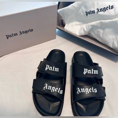 Black Sandals With "Palm Angels" Logo Printed In White At Front. Strap Closure. (Run Small) Lining 100% Leather - Sole 100% Rubber - Upper Shoe 100% Leather Designer Open Toe Flip Flops For Vacation, Designer Black Flip Flops For Summer, Palm Angels Shoes, Pink Slides, Double Strap Sandals, Angels Logo, Kitten Heel Sandals, Palm Angels, Slingback Sandal