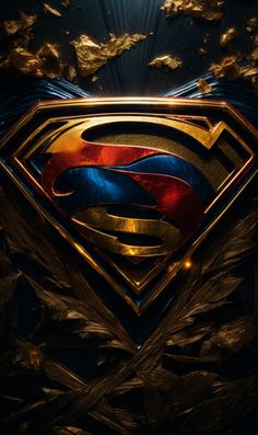 the superman logo in gold and blue with feathers around it's edges, against a dark background