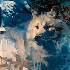 a painting of a wolf with blue and white colors