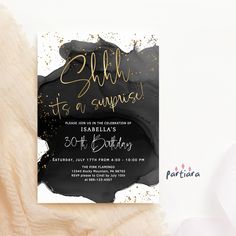 a black and gold birthday party card with the words, it's a surprise