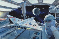 an artist's rendering of a space station with two fighter jets in the foreground