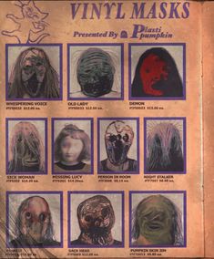 an old book with many different types of masks on the pages, including creepy faces