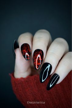 Black Nails With Red Foil Flakes, Red Foil Nails, Press On Nails Black, Sharp Claws, Witchy Nails, Short Acrylics, Red Foil, Nails Black, Foil Nails