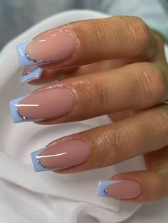 light blue french tips with glitter square nails Graduation Nails, Blue Acrylic Nails, Colorful Nails, Easy Nails, French Tip Acrylic Nails, Classy Acrylic Nails, Nail Stuff, Blue Nail, Nail Swag