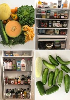 the refrigerator is filled with many different types of vegetables and fruits, including cucumbers