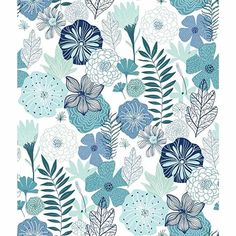 a blue and white floral pattern with leaves on the bottom, in shades of teal