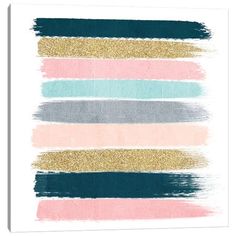 an abstract painting with gold, blue and pink stripes