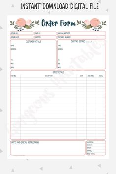 printable order form with flowers and leaves on the front, in pinks and greens