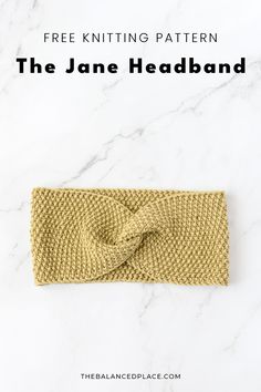 the jane headband in gold with text overlay that reads free knitting pattern, the jane headband