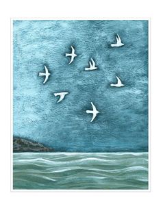 seven white birds on a dark teal sky flying over the ocean acrylic painting art print