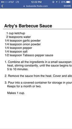 the recipe for arby's barbecue sauce is shown in this screenshote