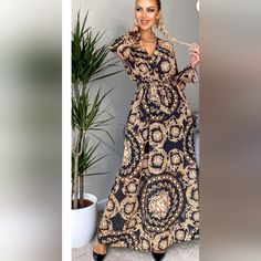 Women's Print Maxi Dress Gorgeous Party Wear Chiffon Maxi Dress All Over Paisley Oriental Printed Detail Low ‘V’ Front Wrap Neckline With An Elasticated Waistband Long See-Through Sleeves With Elasticated Cuffs Lining Underneath With Added Belt Fastening Available In Sizes (10-14, L-Xl) One Size Chic Long Sleeve Baroque Print Dresses, Chic Long Sleeve Dresses With Baroque Print, Asos Floral Dress, Vici Dress, Tube Maxi Dresses, Blue Floral Maxi Dress, Vintage Formal Dresses, Dress And Jacket Set, Ribbed Maxi Dress