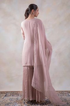 Onion pink kurta with detailed cut-dana embroidery. Paired with a sharara and scallop trimmed dupatta. - Aza Fashions Onion Pink, Kurta Sharara Set, Pink Kurta, Kurta Sharara, Sharara Set, Set For Women, Aza Fashion, Trim, Embroidery