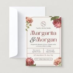 a wedding card with pink flowers on the front and back, printed in white paper