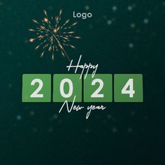 happy new year logo with fireworks in the sky and numbers on green background for your company