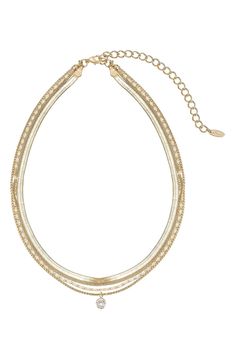 Instantly create a trend-right layered effect with this gold-plated multistrand necklace accented with a single sparkling stone. 16" longest strand length; 14" shortest strand length:5" extender 1/4" pendant diameter Lobster clasp closure 18k-gold plate/cubic zirconia Imported Closet Basics, Necklace Stack, Layered Chain Necklace, Layered Chain, Luxury Necklace, Layered Chains, Multi Strand Necklace, Keep Jewelry, Chain Pendant