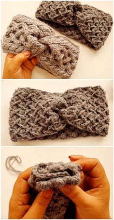 the crocheted headband is being made with yarn