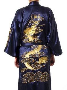 Burgundy Chinese Women's Traditional Silk Satin Robe Embroidery Dragon Kimono Yukata Bath Gown Embroidery Kimono, Kimono Gown, Blue Kimono, Kimono Yukata, Men's Robes, Chinese Man, Silk Robe, Long Kimono, Satin Silk