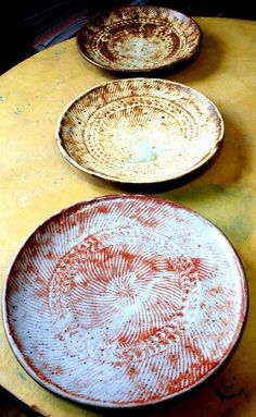 three plates sitting on top of a yellow table