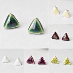 Small ceramic triangle earrings with 925 sterling silver posts. Minimal, simple, geometric studs for everyday. Handmade ceramic unisex jewelry. Cute and cheap jewelry. Gift for her and him. Earrings with silver or silicone pressure butterfly closures. COLORS - White - Beige - Dark green - Apple green - Purple - Metallic gloss brown ELABORATION Each ceramic piece is carefully modeled with white clay and hand painted with special ceramic glazes. Two firings of up to 1200 º C are necessary in a cer Ceramic Kiln, Triangle Stud Earrings, Ceramic Glazes, Triangle Earrings Stud, Purple Metallic, Simple Stud Earrings, Triangle Studs, Geometric Studs, Handmade Jewelry Gift