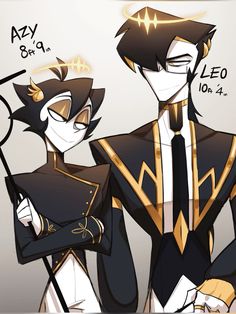 two cartoon characters dressed in black and gold