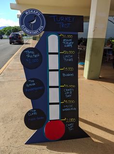 a thermometer sign sitting in front of a building