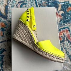 Marc Fisher Espadrilles Neon Yellow Size 6.5 Yellow Espadrilles With Woven Sole, Yellow Round Toe Espadrilles For Spring, Flat Heel Espadrilles With Branded Heel Counter For Summer, Croc Platforms, Marc Fisher Sandals, Black Espadrilles Wedges, Tan Espadrilles, Blue Espadrilles, Platform Espadrille Sandals