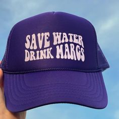 "Save Water Drink Margs" trucker hat! Availble in purple or pink! Purple Trucker Hat With Curved Brim, Purple Trucker Hat One Size, Purple Trucker Hat With Curved Brim, One Size, Purple Curved Brim Trucker Hat, Adjustable Purple Trucker Hat With Curved Brim, Purple Summer Snapback Hats, Purple Adjustable Trucker Hat, Casual Purple Snapback Trucker Hat, Casual Purple Adjustable Trucker Hat