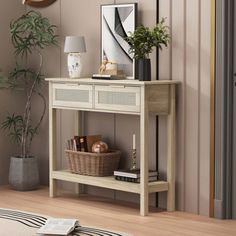 a living room scene with focus on the console table and potted plant next to it