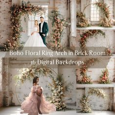 the bride and groom are posing in front of floral archs for their wedding photos