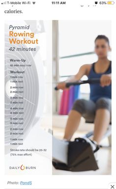 a woman is rowing on an exercise machine with the text, pramid rowing workout 42 minutess