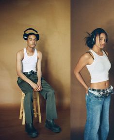 two people with headphones sitting on stools, one in white shirt and the other in blue jeans