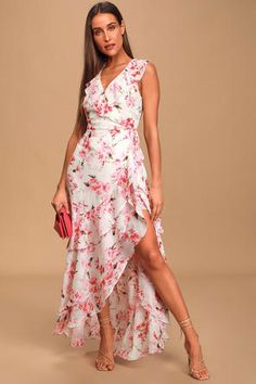 Lovely White Floral Print Dress - High-Low Wrap Dress Floral Print V-neck Dresses For Wedding, V-neck Floral Print Dresses For Wedding, Floral Print V-neck Wedding Dress, Fitted Maxi Dress With Floral Print And Surplice Neckline, Summer Printed Maxi Dress For Wedding, Fitted Floral Dress With Surplice Neckline For Spring, Printed Maxi Dress For Spring Wedding, Fitted Floral Dress With Surplice Neckline, Summer Wedding Printed Maxi Dress